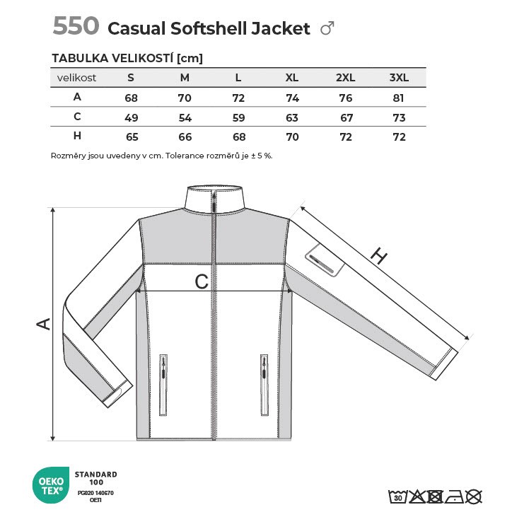 550 Casual softshellová bunda pánská Tabulka velikostí